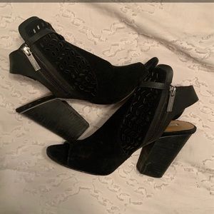 BCBG suede open toe black booties